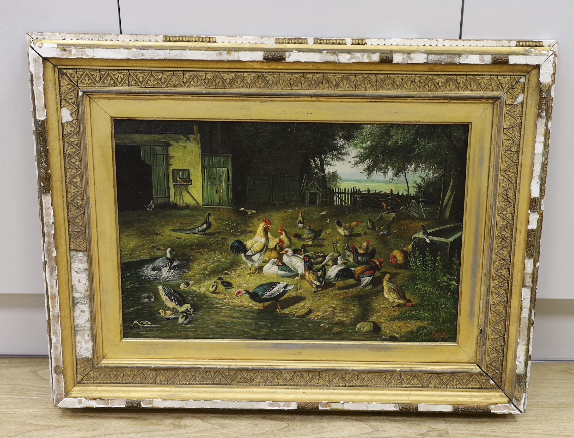 After Edgar Hunt, oil on board, Poultry in farmyard, bears signature, 35 x 53cm